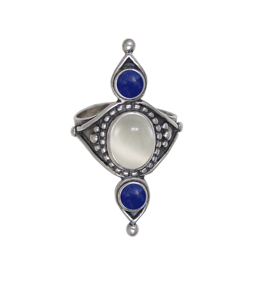 Sterling Silver Royal Ring With White Moonstone And Lapis Lazuli Size 9